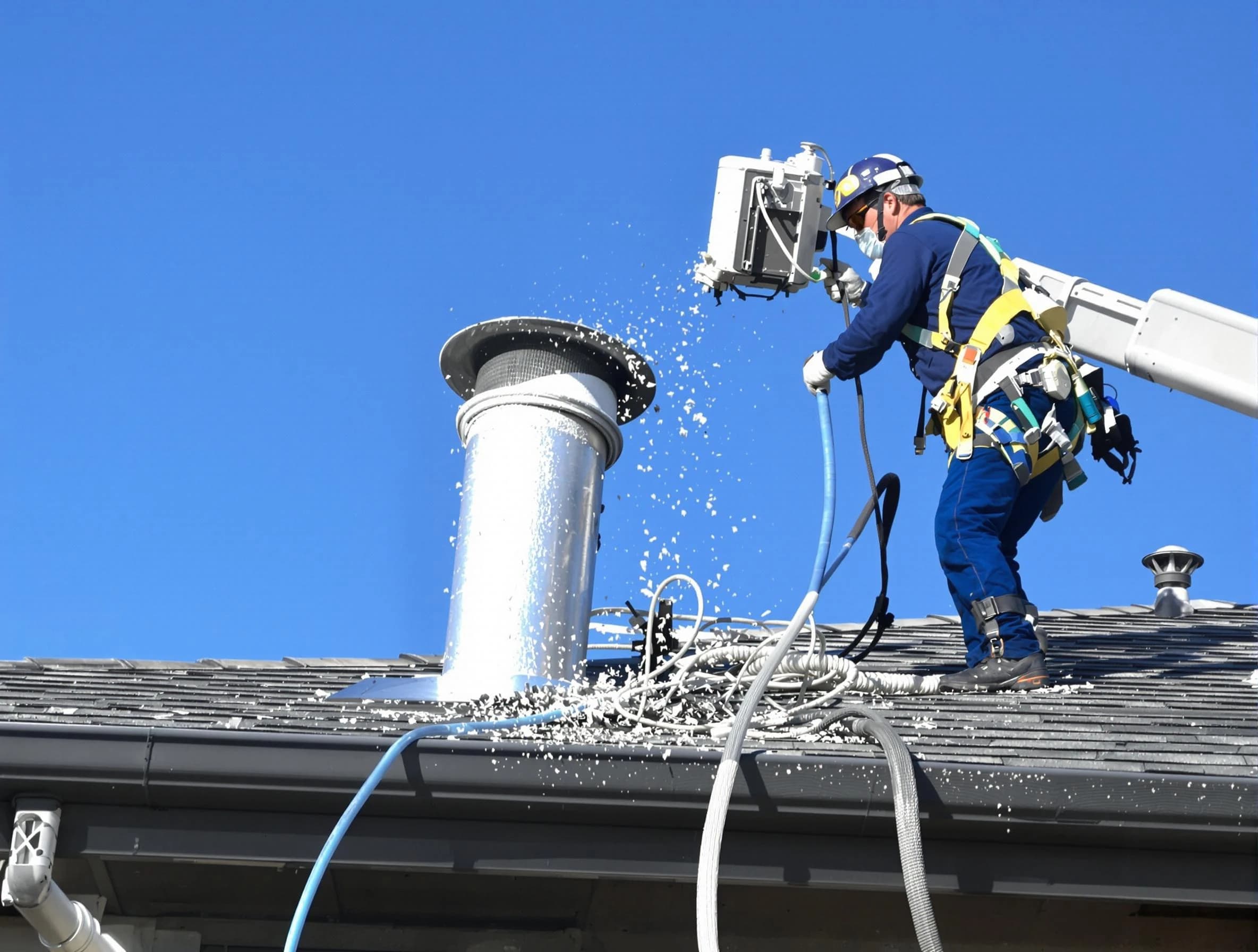 Petersburg Dryer Vent Cleaning certified technician safely cleaning a roof-mounted dryer vent in Petersburg