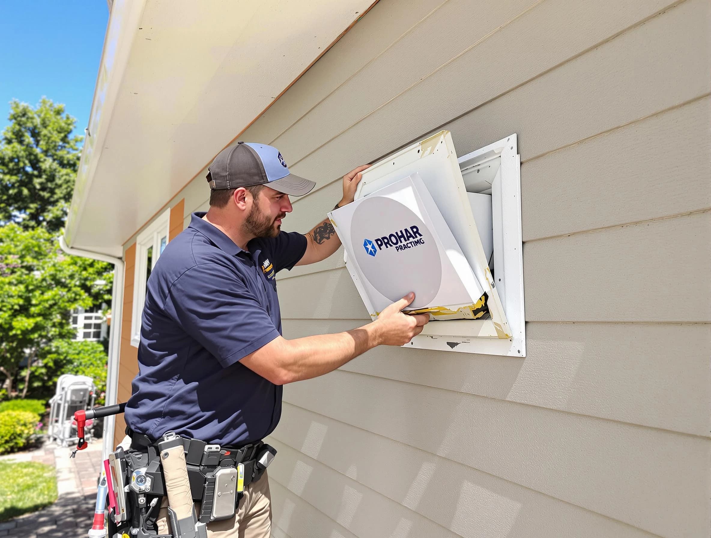 Petersburg Dryer Vent Cleaning technician installing a new protective dryer vent cover on a home in Petersburg