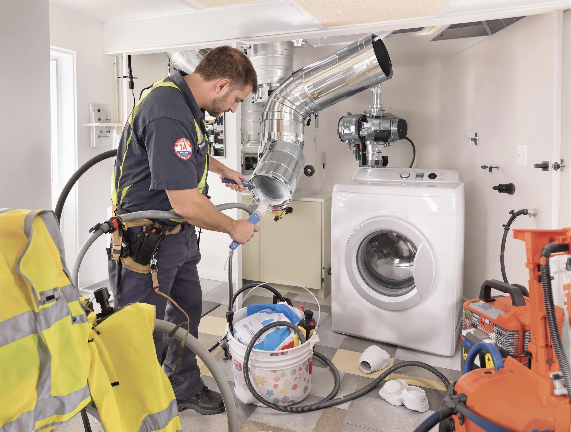 Petersburg Dryer Vent Cleaning technician using specialized equipment to clear severe dryer vent blockage in Petersburg